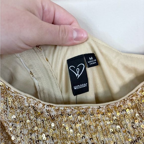 Windsor gold sequin one shoulder long sleeve mini dress cocktail event M new - Picture 4 of 7